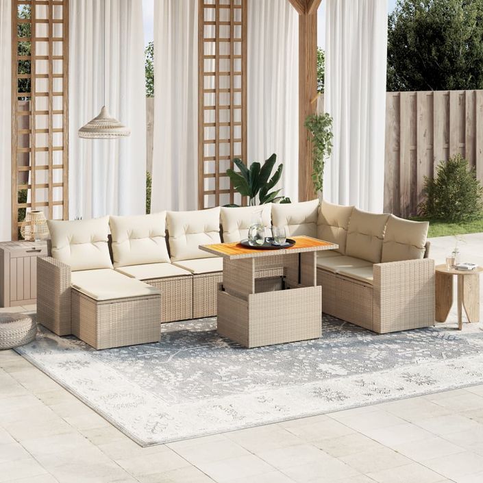 Salon de jardin avec coussins 9 pcs beige résine tressée - Photo n°1