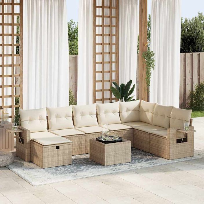 Salon de jardin avec coussins 9 pcs beige résine tressée - Photo n°1