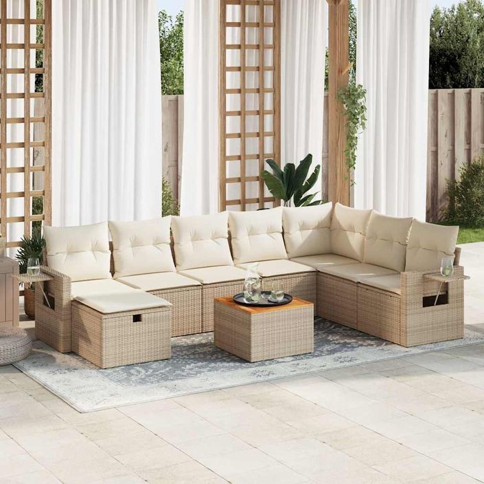 Salon de jardin avec coussins 9 pcs beige résine tressée - Photo n°1