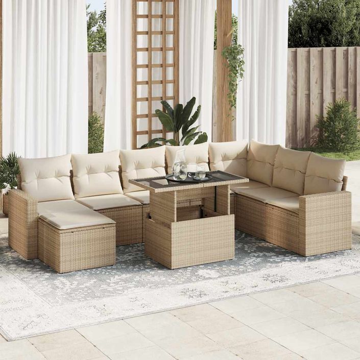 Salon de jardin avec coussins 9 pcs beige résine tressée - Photo n°1