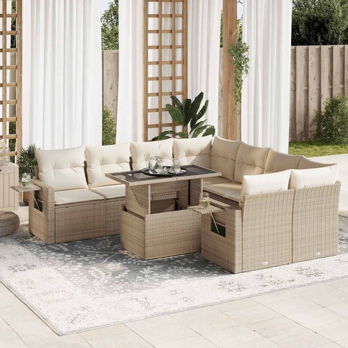 Salon de jardin avec coussins 9 pcs beige résine tressée - Photo n°1