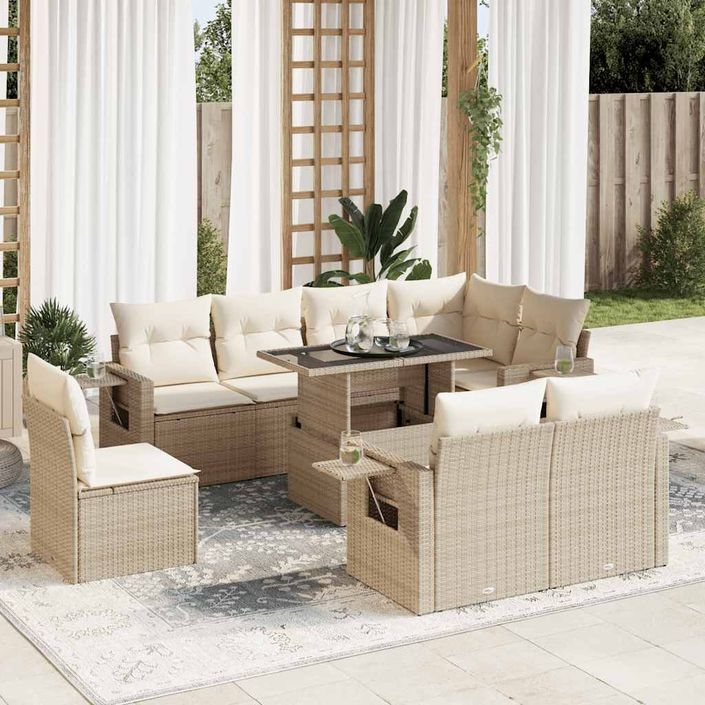 Salon de jardin avec coussins 9 pcs beige résine tressée - Photo n°1