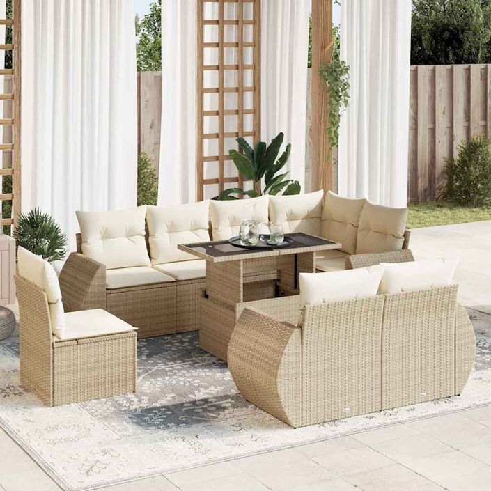 Salon de jardin avec coussins 9 pcs beige résine tressée - Photo n°1