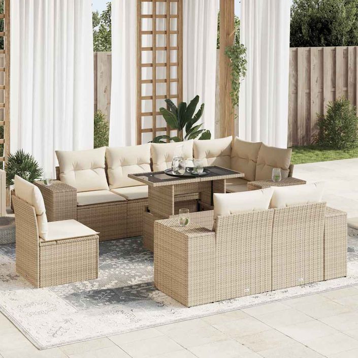 Salon de jardin avec coussins 9 pcs beige résine tressée - Photo n°1