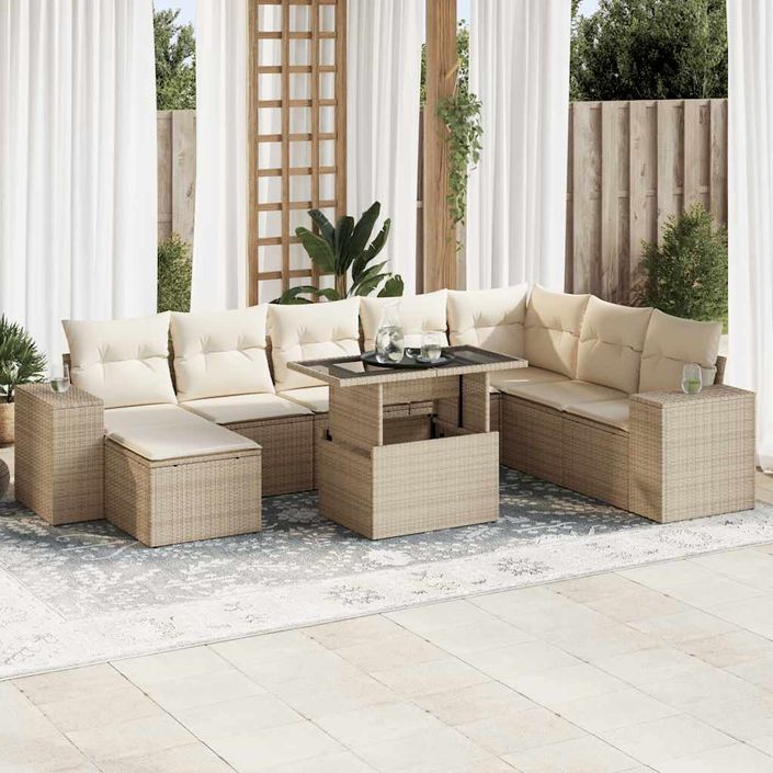 Salon de jardin avec coussins 9 pcs beige résine tressée - Photo n°1