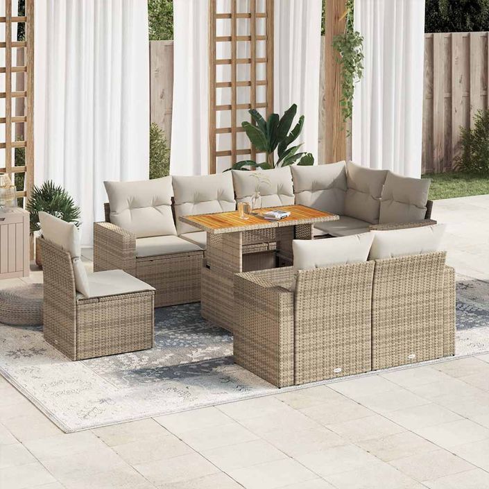 Salon de jardin avec coussins 9 pcs beige résine tressée - Photo n°1