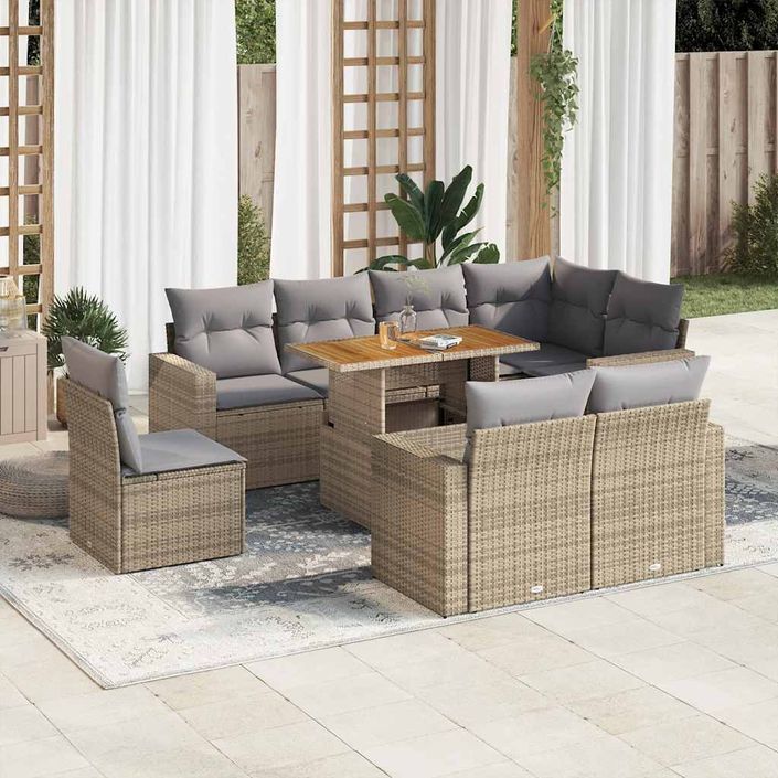 Salon de jardin avec coussins 9 pcs beige résine tressée - Photo n°1