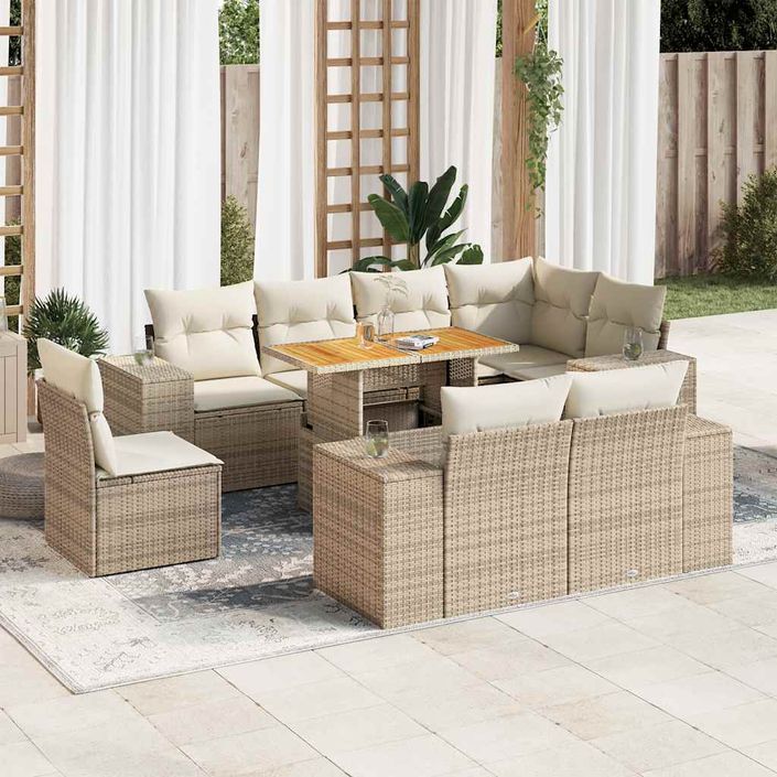 Salon de jardin avec coussins 9 pcs beige résine tressée - Photo n°1