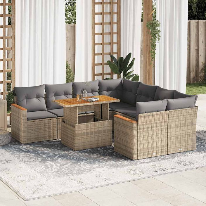 Salon de jardin avec coussins 9 pcs beige résine tressée acacia - Photo n°1