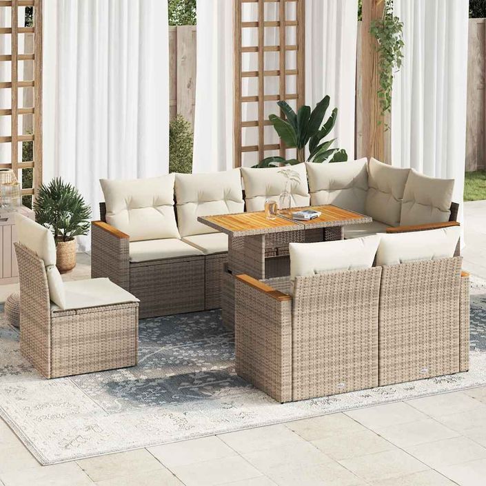 Salon de jardin avec coussins 9 pcs beige résine tressée acacia - Photo n°1