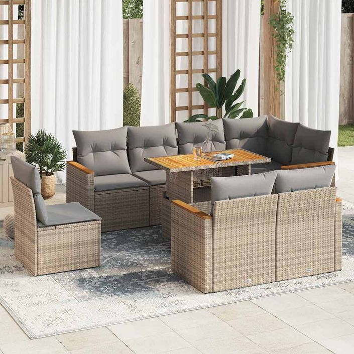 Salon de jardin avec coussins 9 pcs beige résine tressée acacia - Photo n°1