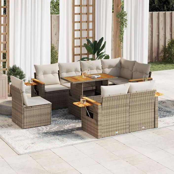 Salon de jardin avec coussins 9 pcs beige résine tressée acacia - Photo n°1