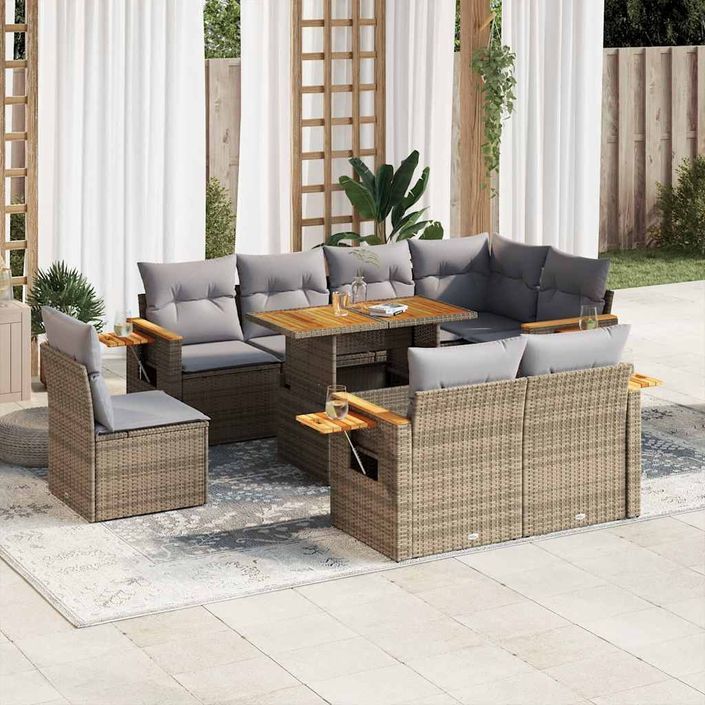 Salon de jardin avec coussins 9 pcs beige résine tressée acacia - Photo n°1