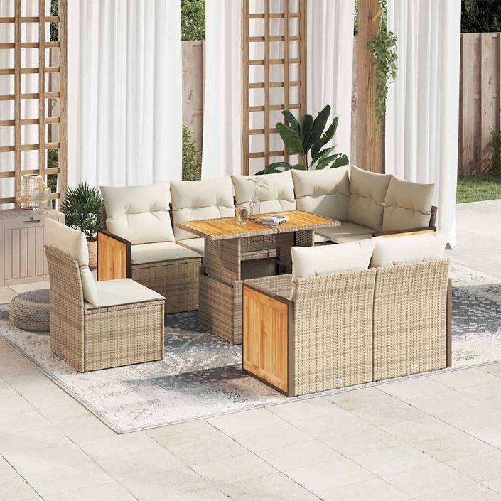 Salon de jardin avec coussins 9 pcs beige résine tressée acacia - Photo n°1