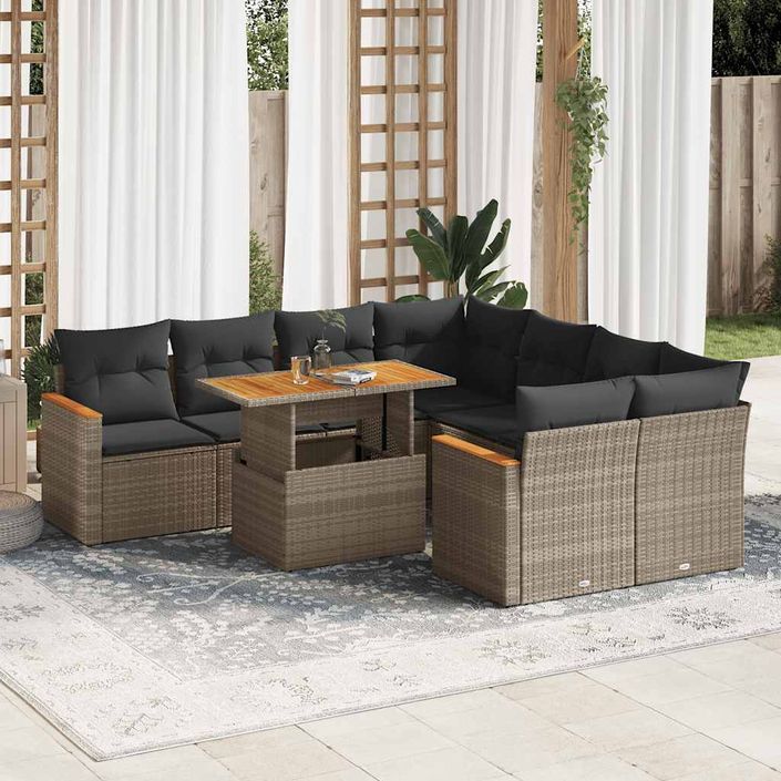 Salon de jardin avec coussins 9 pcs gris résine tressée acacia - Photo n°1