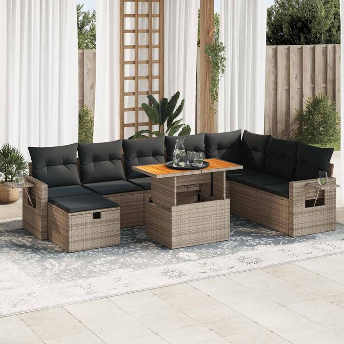 Salon de jardin avec coussins 9 pcs gris résine tressée acacia - Photo n°1