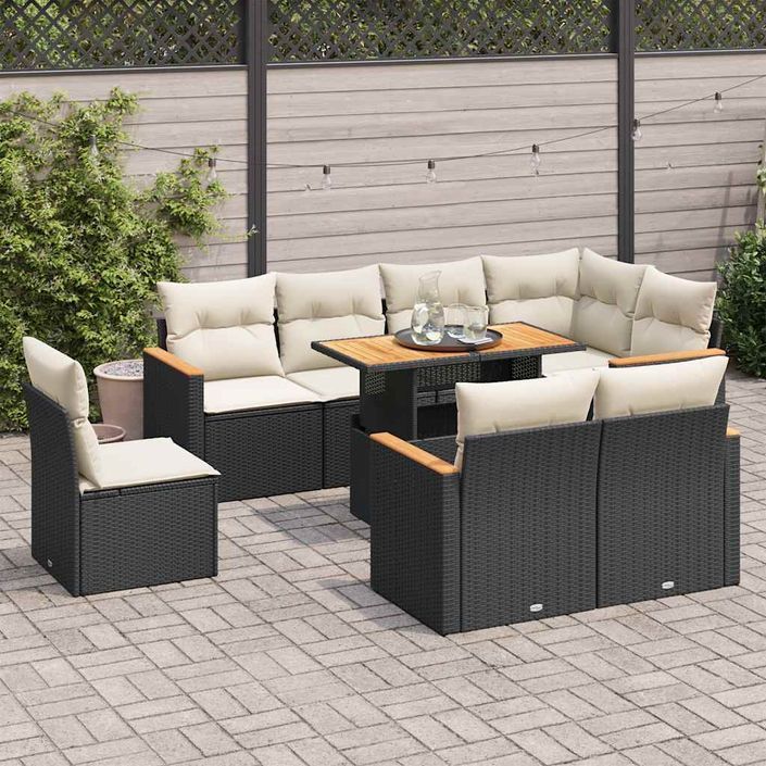 Salon de jardin avec coussins 9 pcs noir résine tressée acacia - Photo n°1