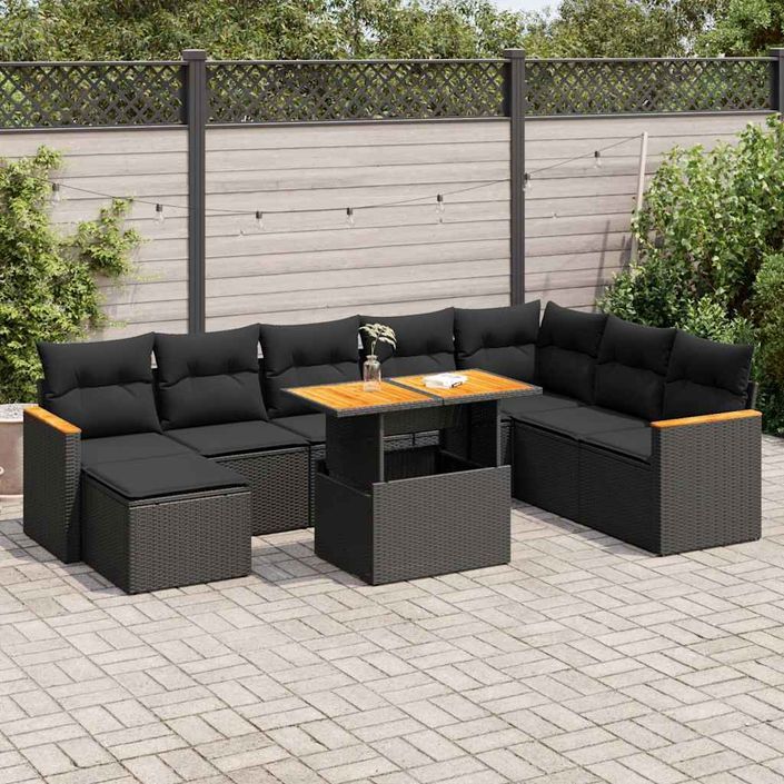 Salon de jardin avec coussins 9 pcs noir résine tressée acacia - Photo n°1