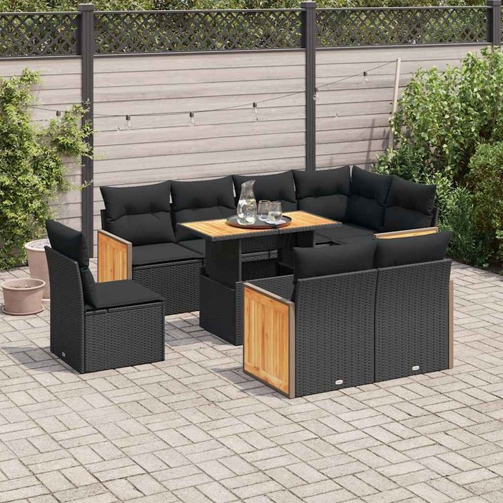 Salon de jardin avec coussins 9 pcs noir résine tressée acacia - Photo n°1