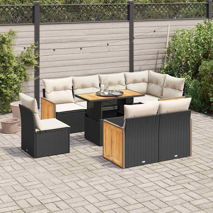 Salon de jardin avec coussins 9 pcs noir résine tressée acacia - Photo n°1