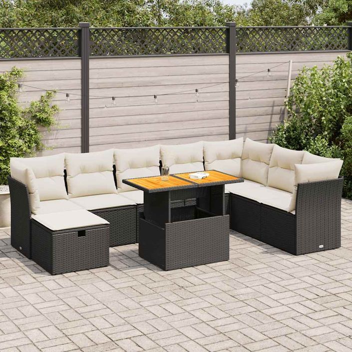 Salon de jardin avec coussins 9 pcs noir résine tressée acacia - Photo n°1