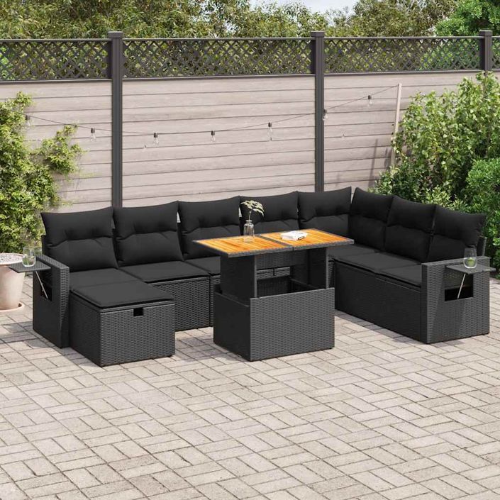 Salon de jardin avec coussins 9 pcs noir résine tressée acacia - Photo n°1