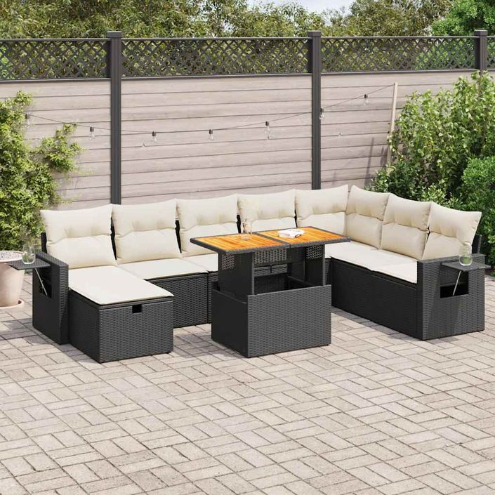 Salon de jardin avec coussins 9 pcs noir résine tressée acacia - Photo n°1