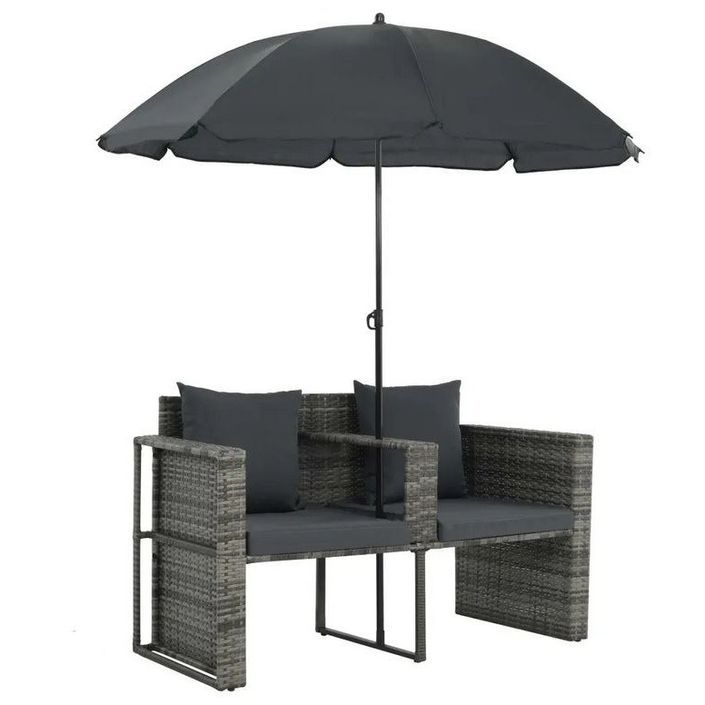 Salon de jardin avec parasol résine tressée et tissu gris Uvo - Photo n°2