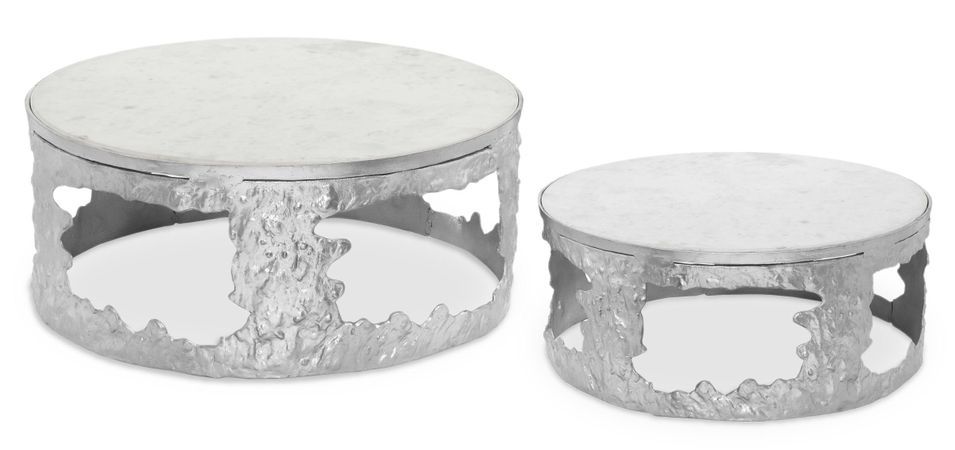 Set de 2 tables basses marbre blanc et métal nickel Melton D 80/D 60 cm - Photo n°1