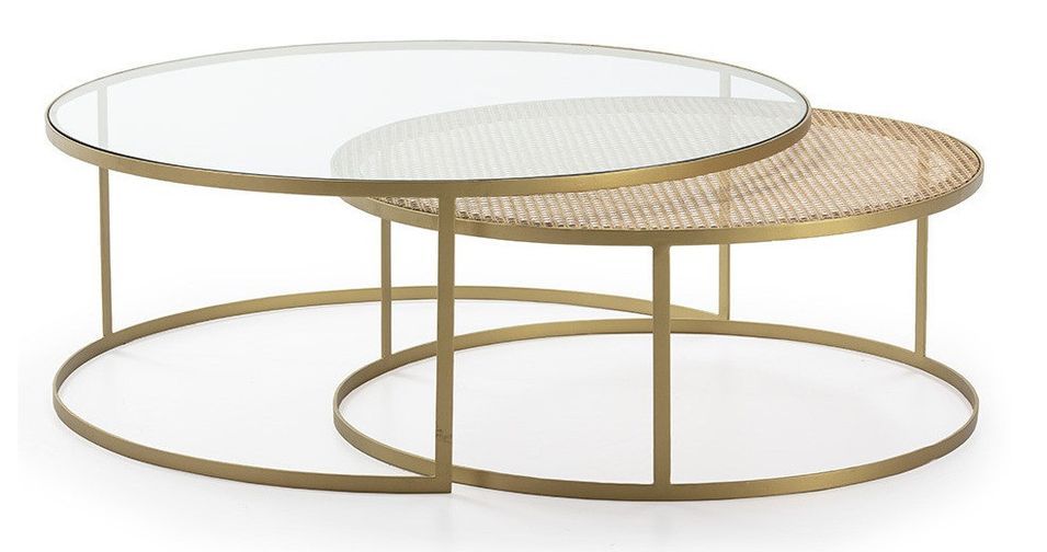 Set de 2 tables basses rondes verre transparent rotin naturel et métal doré D 120/D 100 cm - Photo n°1