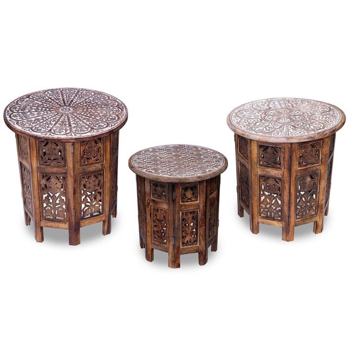 Set de 3 tables d'appoint bois massif foncé sculpté Akanj - Photo n°1