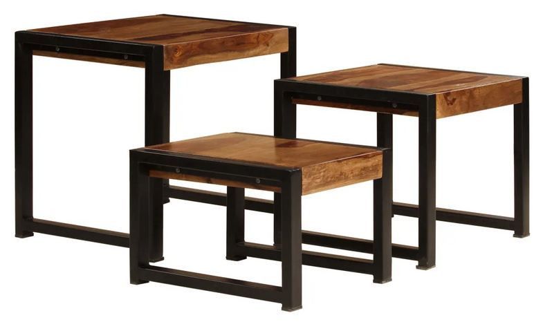 Set de 3 tables gigognes sesham massif foncé et pieds métal noir Area - Photo n°2