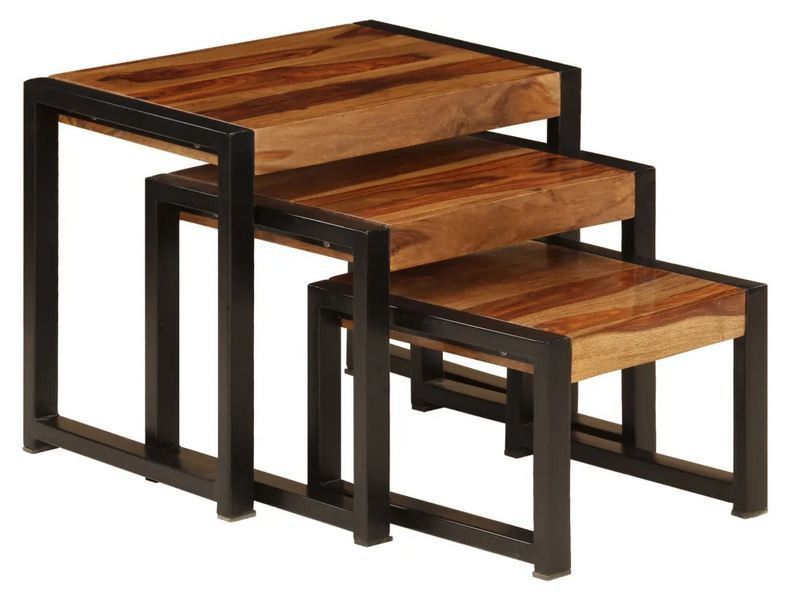 Set de 3 tables gigognes sesham massif foncé et pieds métal noir Area - Photo n°3