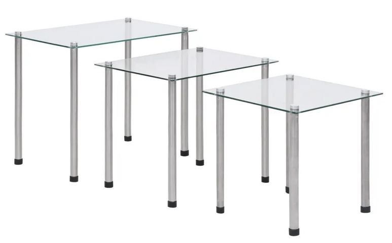 Set de 3 tables gigognes verre trempé transparent et pieds métal gris Rosi - Photo n°1