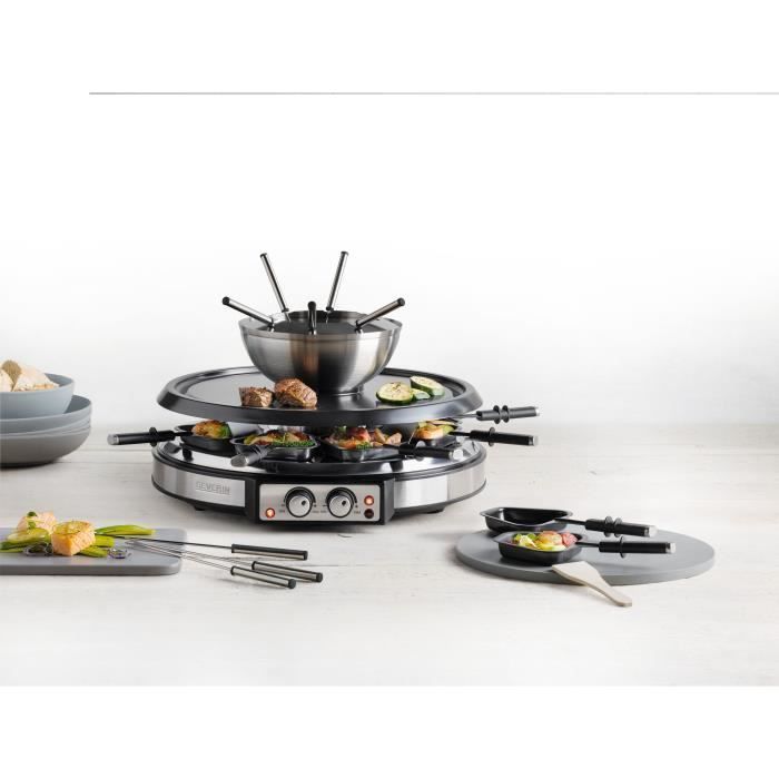 SEVERIN RG2348 - Combiné 2 en 1 Raclette et Fondue 8 personnes - 1900W - 8 fourchettes a fondue et 8 spatules - Cuve Inox - Photo n°4
