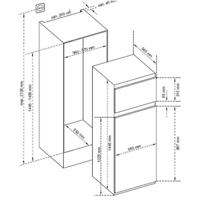 SHARP SJ-T2214M1X - Réfrigérateur congélateur haut encastrable - 214L (176+38) - Froid Statique - A++ - L 54cm x H 144.5cm - Fixatio - Photo n°3