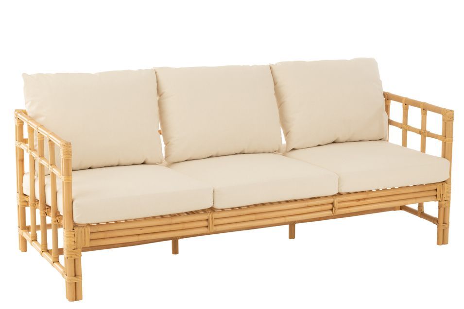 Sofa Meliza avec coussins en tissu et rotin - Finition naturelle et blanche - Photo n°8