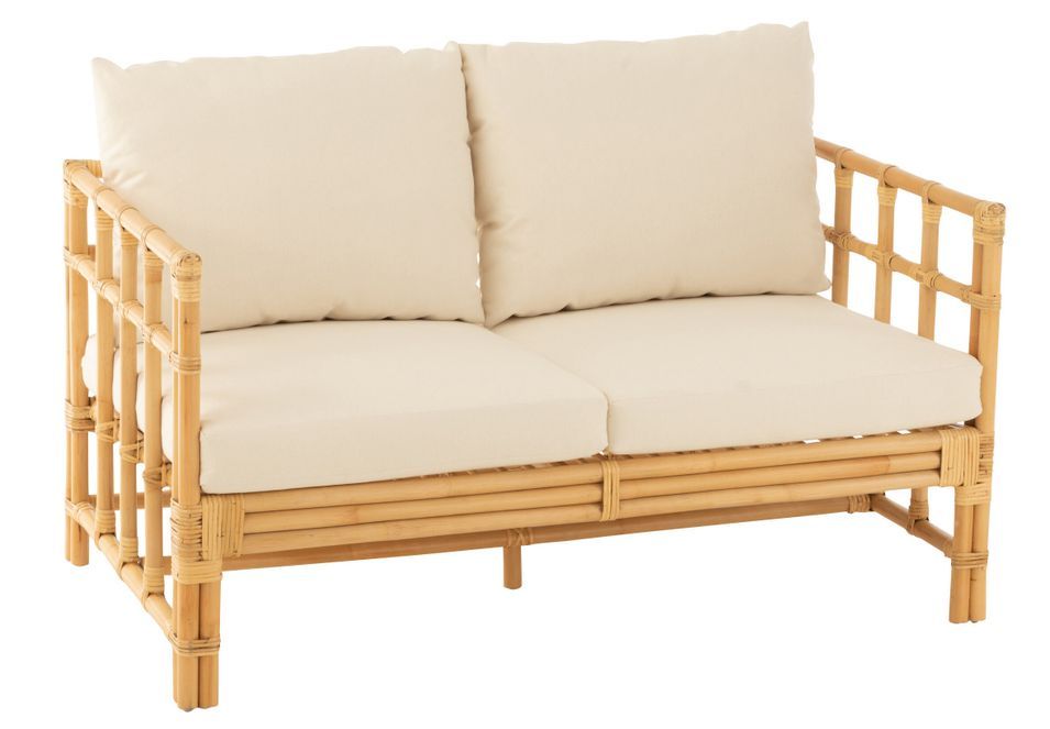 Sofa Meliza avec coussins en tissu et rotin - Finition naturelle et blanche - Photo n°1