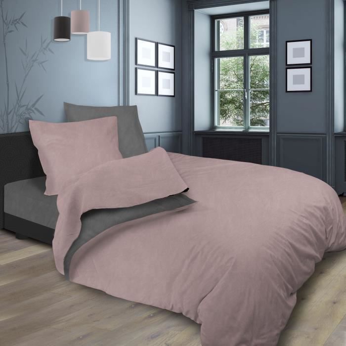 SOLEIL d'OCRE Parure de lit bicolore - Coton lavé - 240 x 290 cm - Rose et gris - Photo n°1