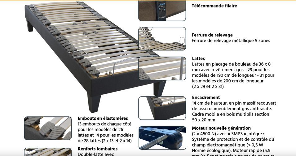 Sommier électrique à lattes Amiral - Tête et pieds relevables - Photo n°6