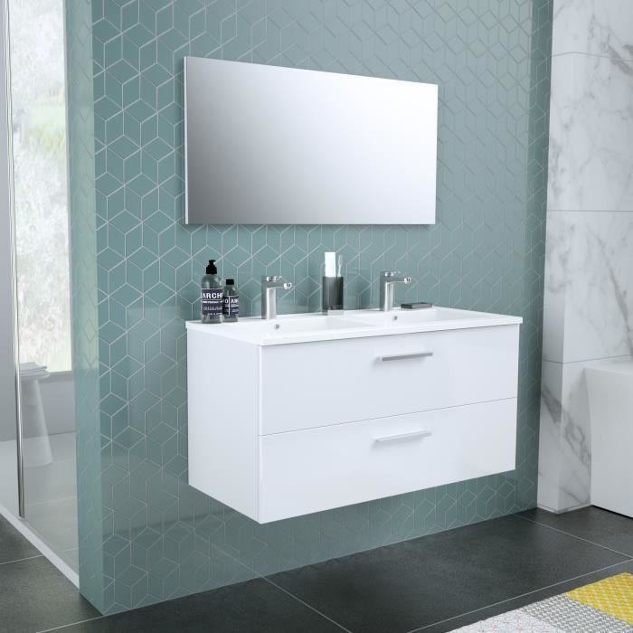 START Meuble salle de bain double vasque + miroir L 100 cm - 2 tiroirs a fermeture ralenties - Blanc - Photo n°1