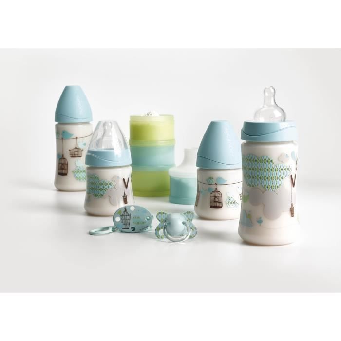 SUAVINEX Set de 4 biberons Welcome Baby avec doseur de lait et sucette avec attache - 150 ml / 270 ml - Bleu - Photo n°1