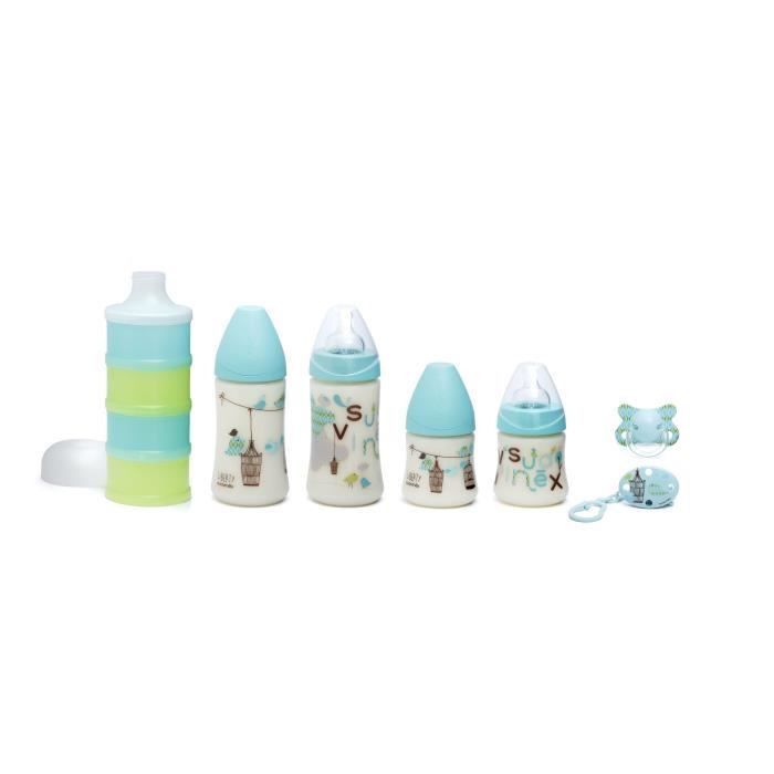 SUAVINEX Set de 4 biberons Welcome Baby avec doseur de lait et sucette avec attache - 150 ml / 270 ml - Bleu - Photo n°4