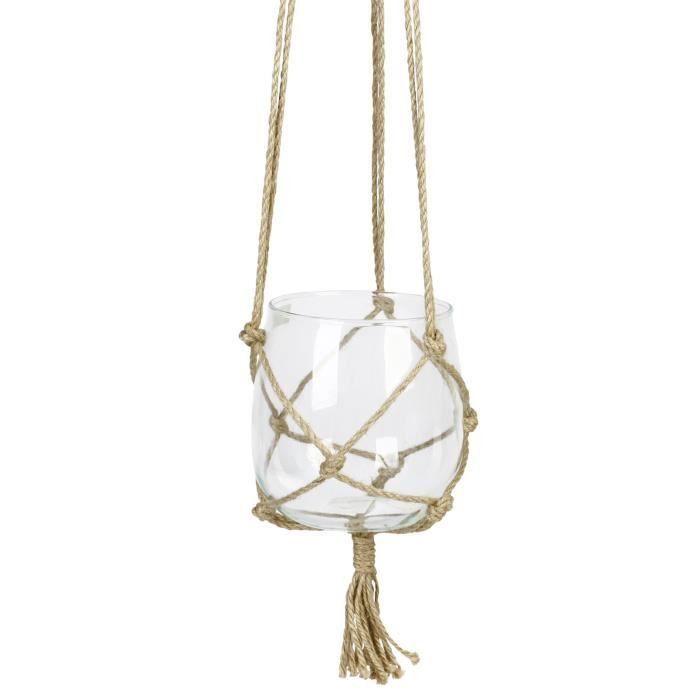 Suspension Boule en verre a suspendre - Avec corde en chanvre - Ø 15 cm - Blanc transparent - Photo n°1