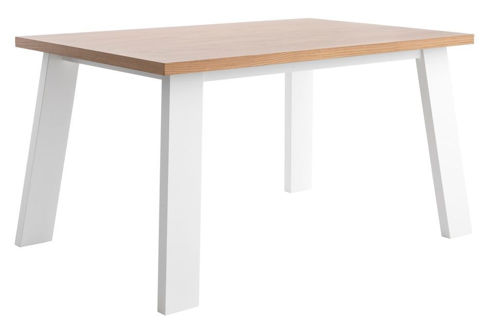 Table à manger bois d'hévéa avec placage chêne et pieds laqué blanc Loubo 160 cm - Photo n°1