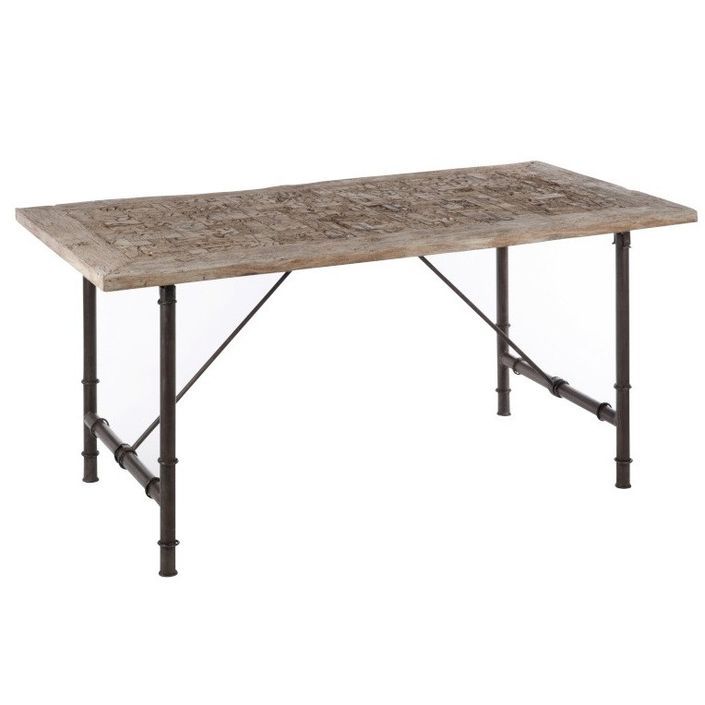 Table à manger bois massif clair vieilli et métal noir Veeda - Photo n°1
