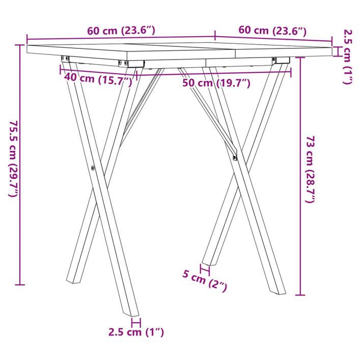 Table à manger cadre en X 60x60x75,5cm bois de pin massif fonte - Photo n°10