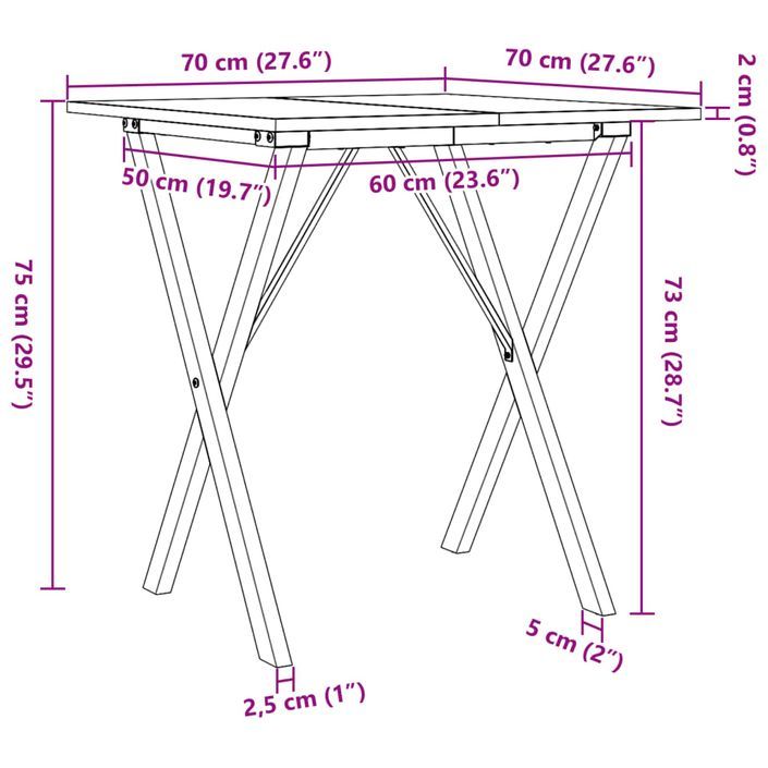 Table à manger cadre en X 70x70x75 cm bois de pin massif fonte - Photo n°10