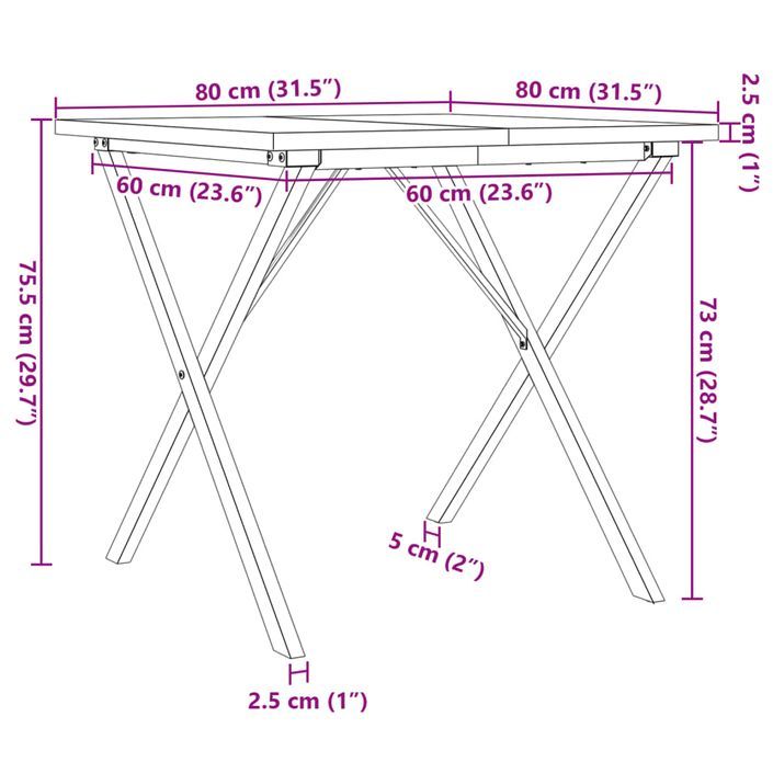 Table à manger cadre en X 80x80x75,5cm bois de pin massif fonte - Photo n°10