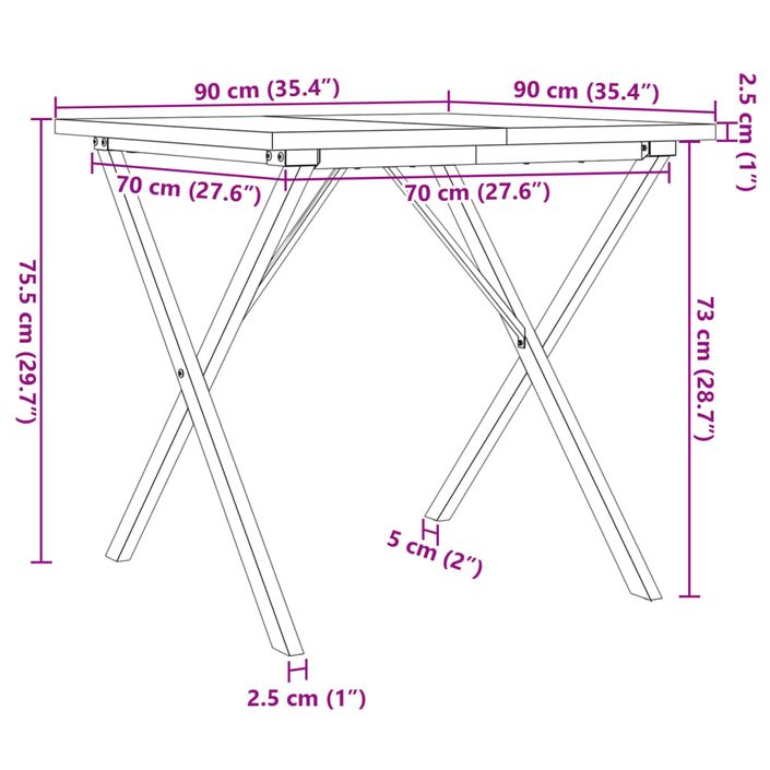 Table à manger cadre en X 90x90x75,5cm bois de pin massif fonte - Photo n°10